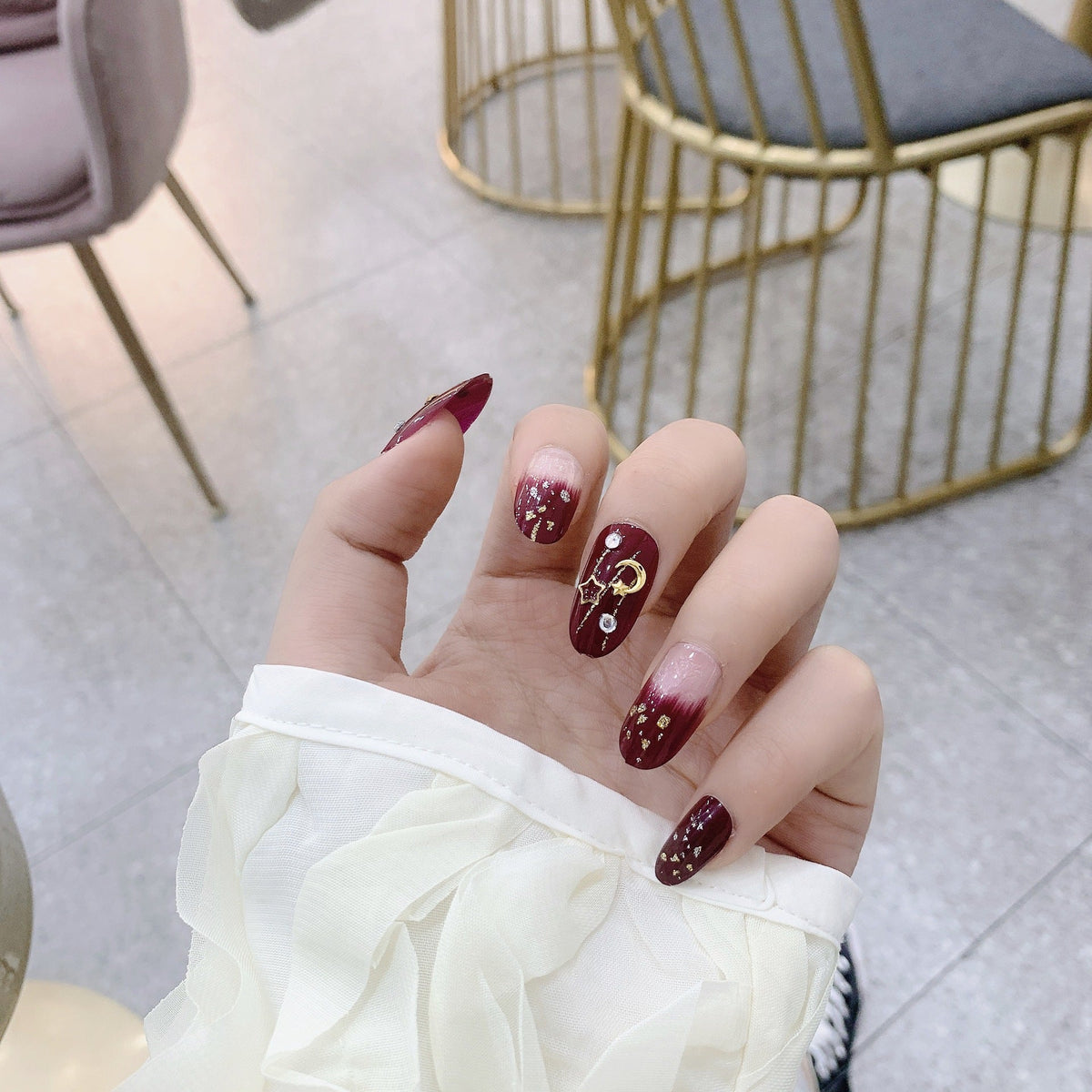 365nails: "Crimson Velvet Night" – 3D Moon & Star Handmade Medium Almond Nails – Image 6