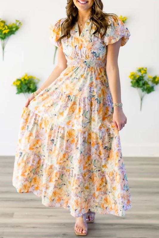 Floral Bubble Sleeve V Neck Flared Maxi Dress
