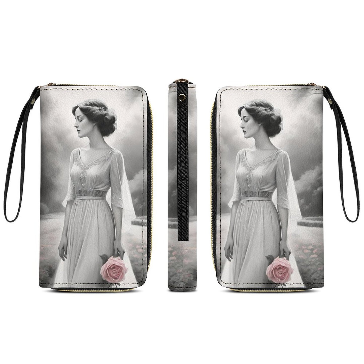 Leather Wallet with Wristlet Strap (2 Pictures on 2 Sides)