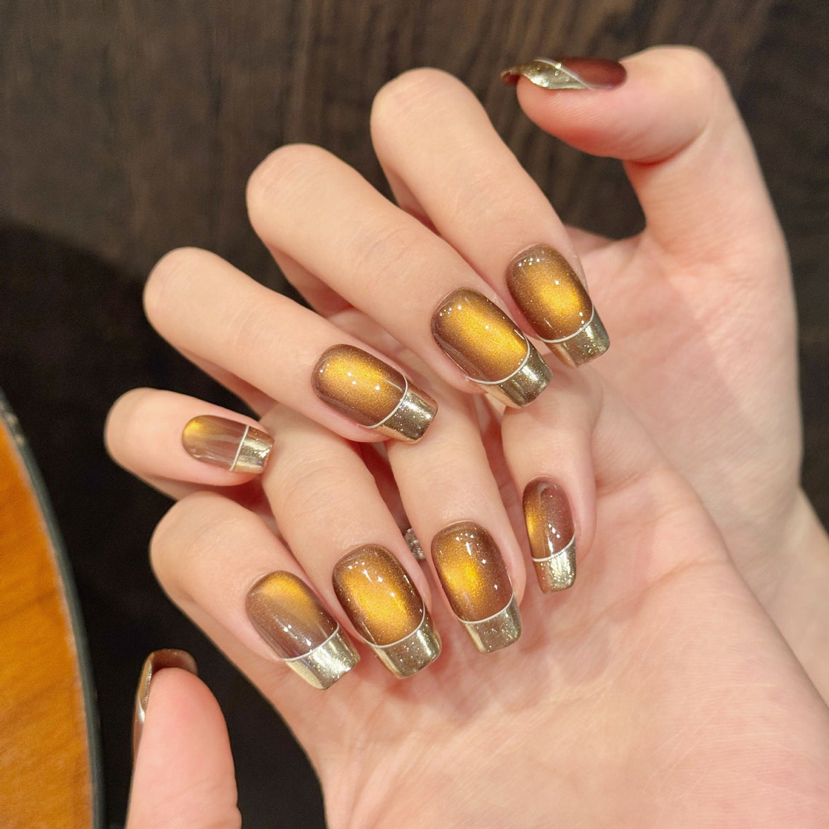365nails: "Autumn Gold" – Mirror Chrome French Tip Handmade Short Square Nails – Image 2
