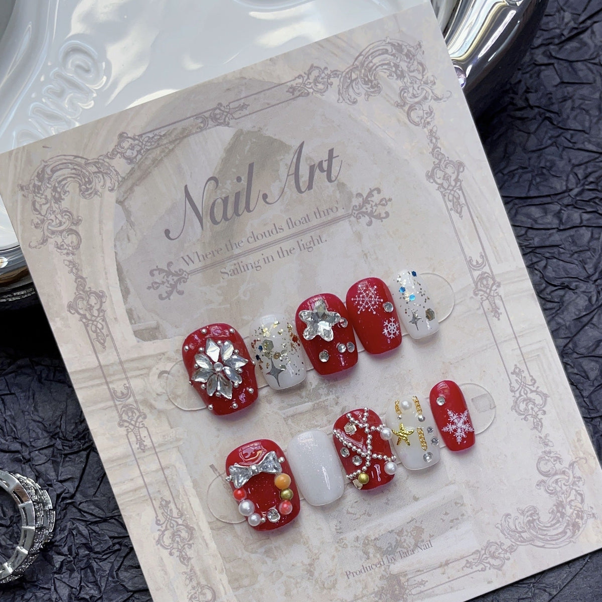 Red and White Christmas Press‑On Nails – Snowflake & Bow Design