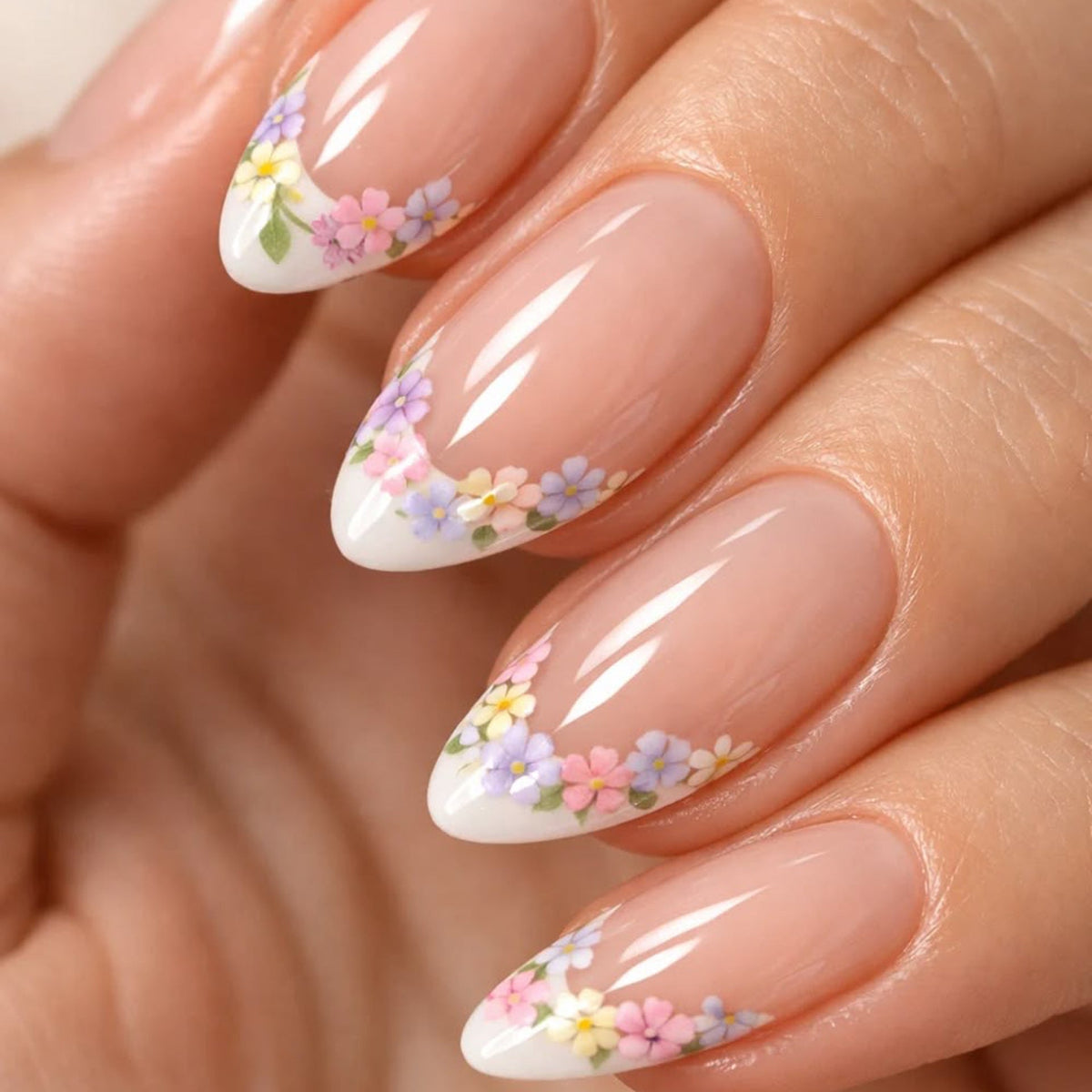 365nails: "Pastel Floral French Stiletto" – Delicate Press-on Nails