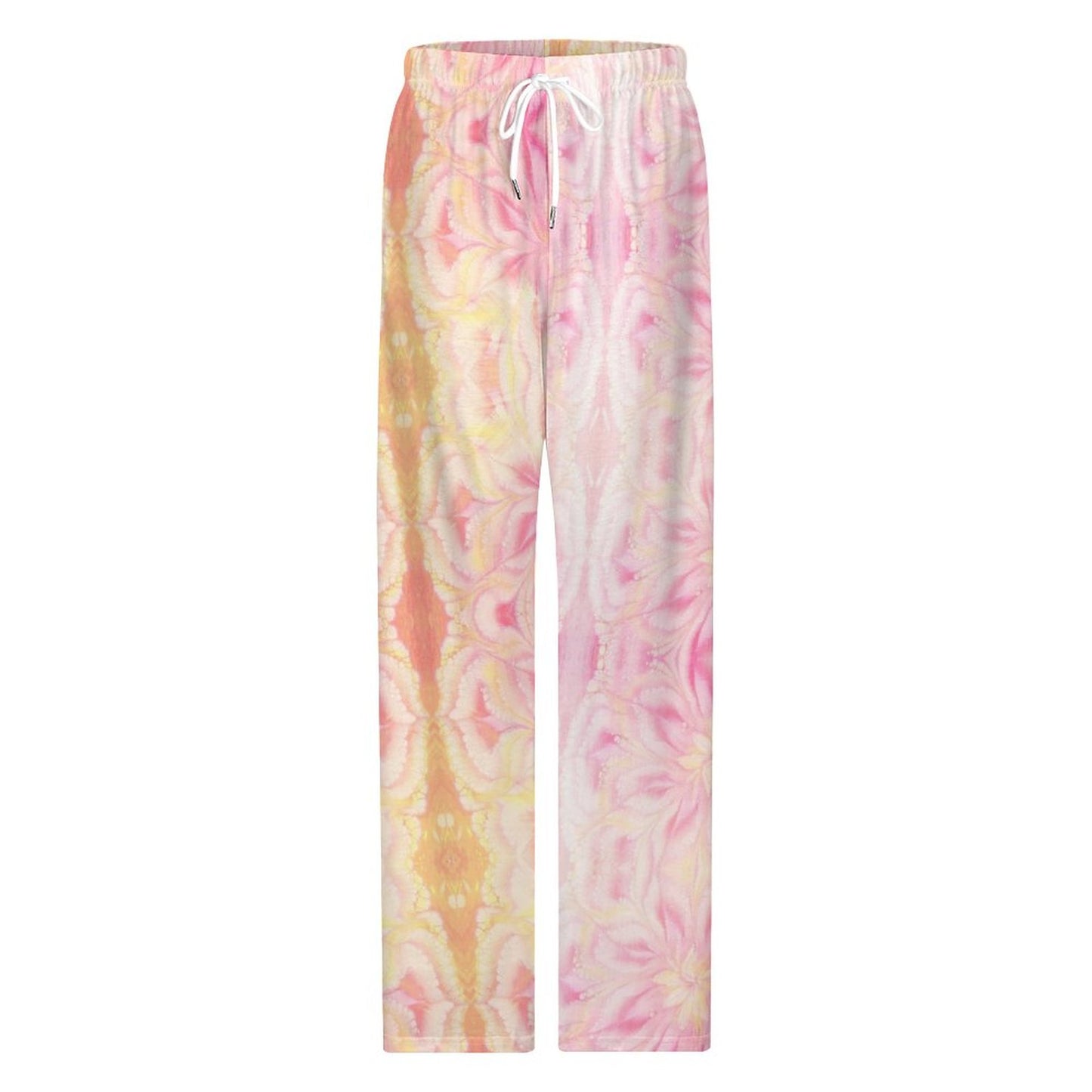 Faux Cotton Drawstring Women Wide Leg Pajamas Pants Pink Tie-Dye