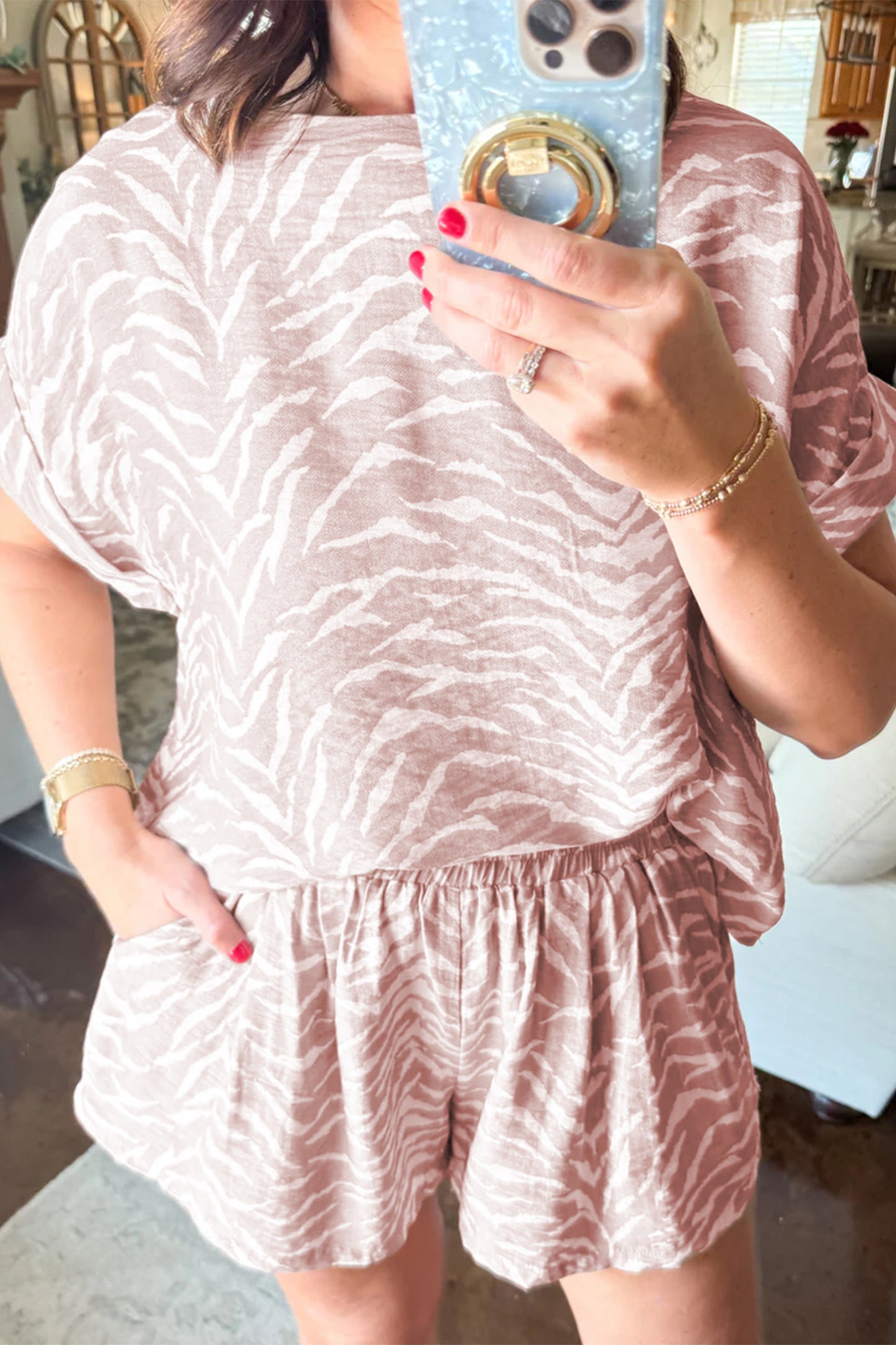 Abstract Print Cuffed Short Sleeve Loose Top Short Set