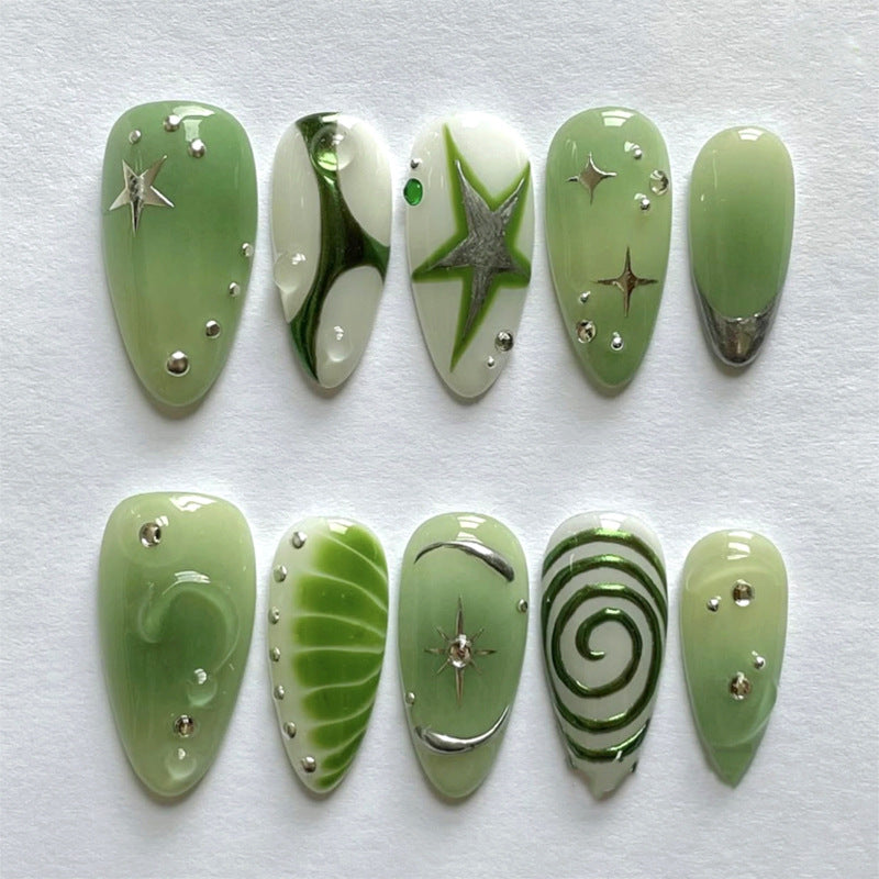 3D green smudged y2k short almonds press-on nails