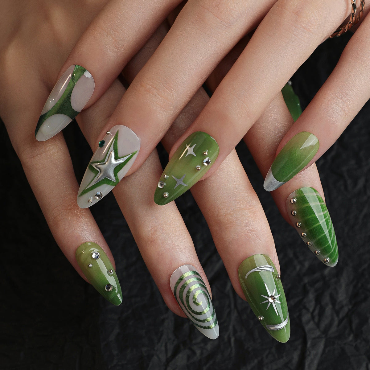 3D green smudged y2k short almonds press-on nails – Image 2