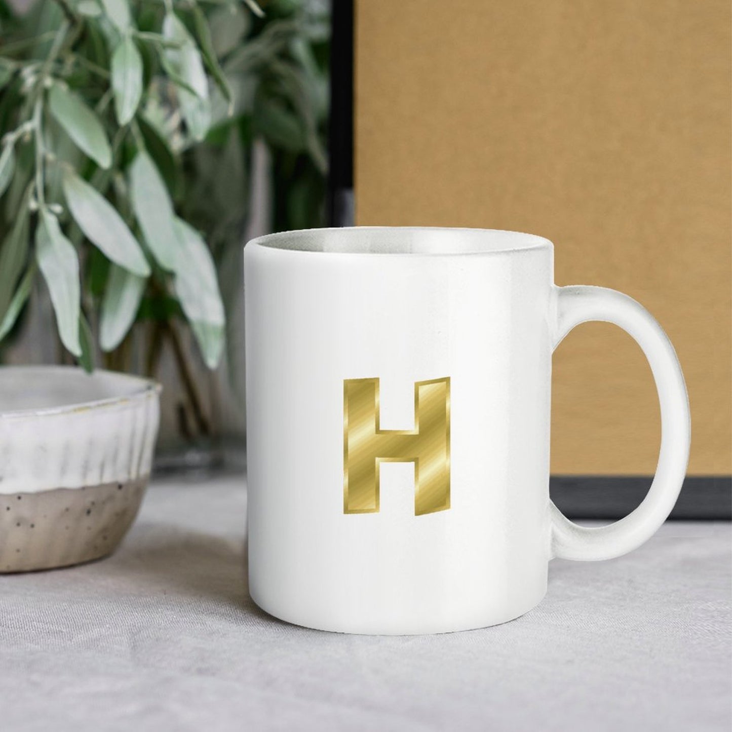 14oz White Ceramic Mug with Handle - Letter H