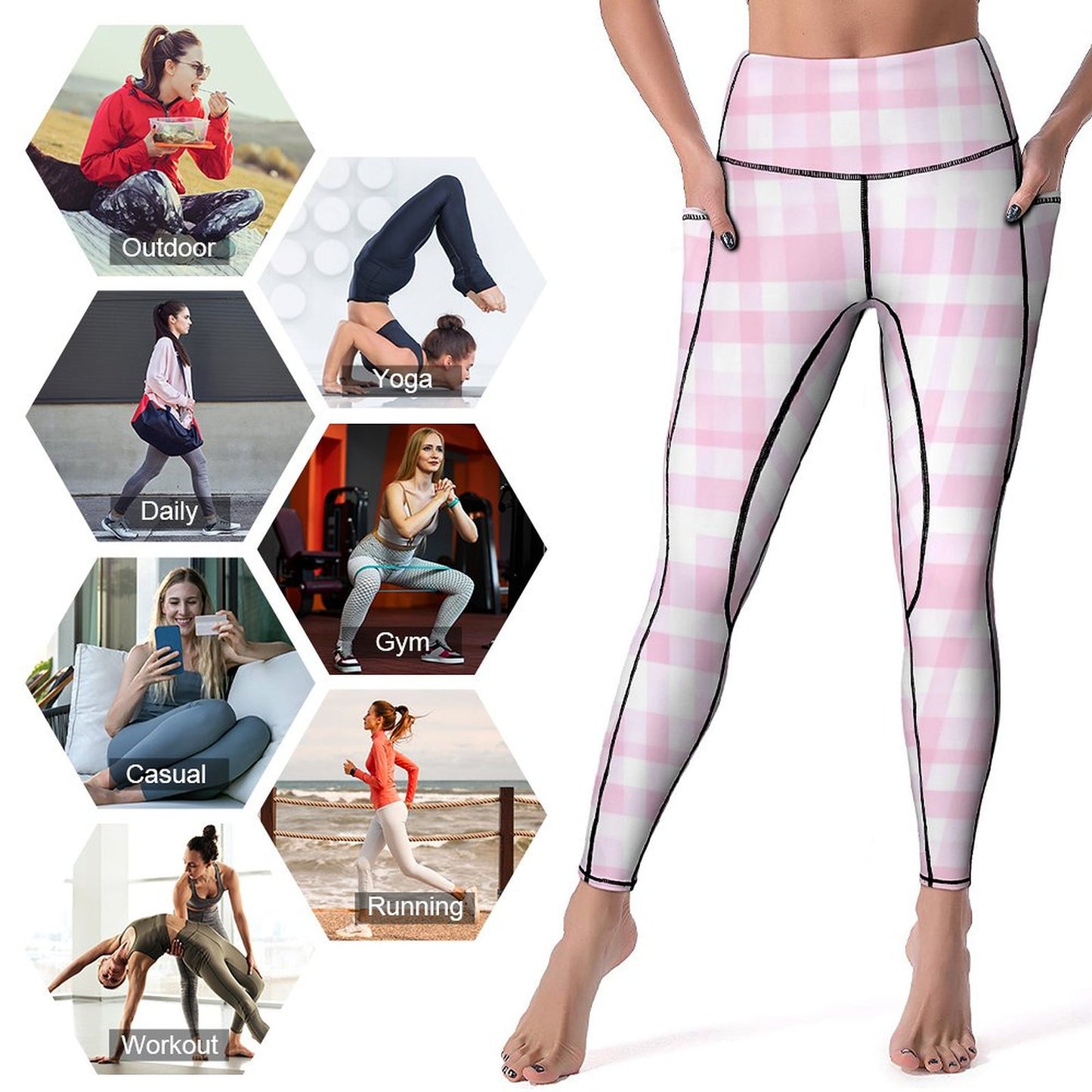 Custom Print Patterned Yoga Pants with 2 Pockets Pink Checkers