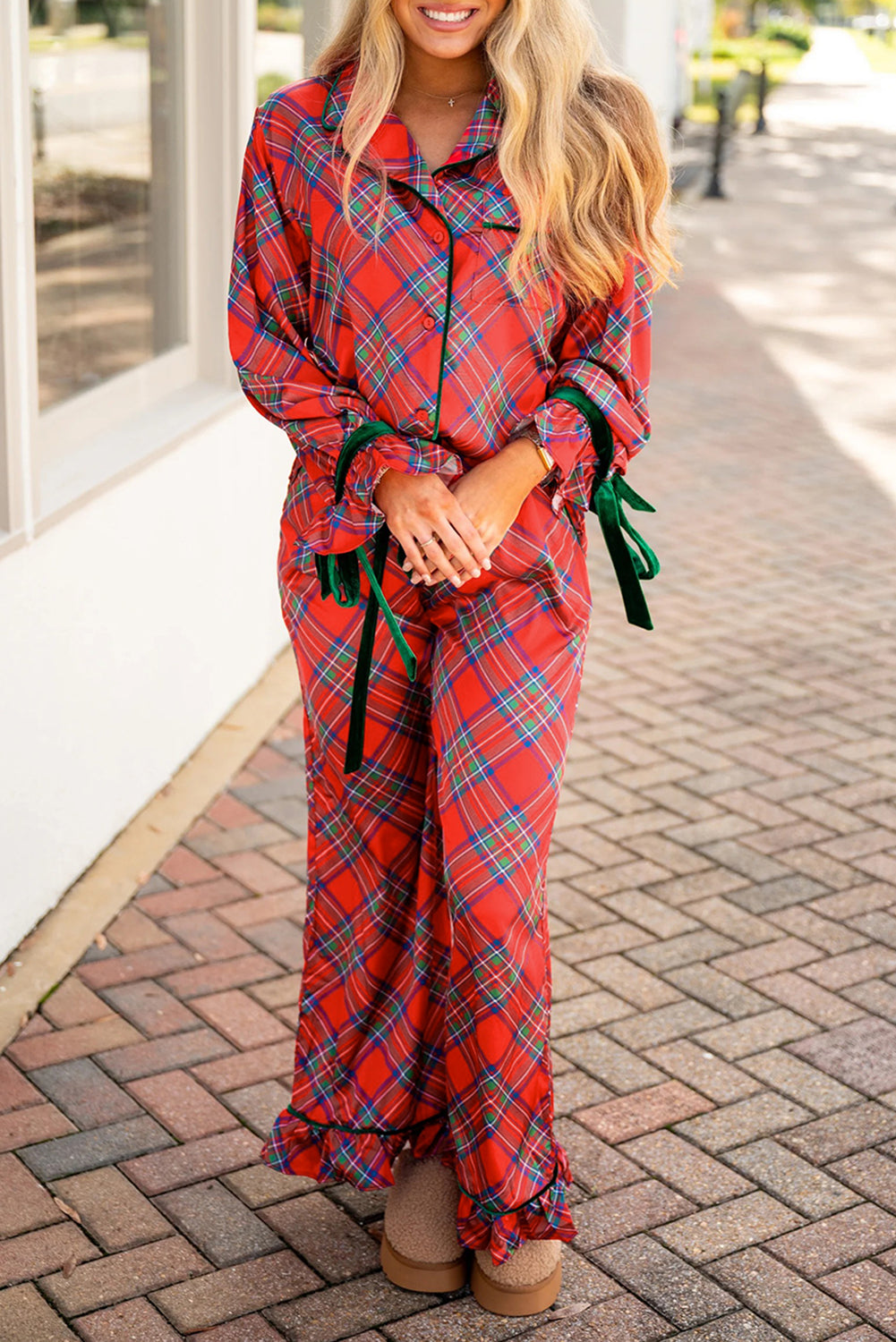 Fiery Red Plaid Satin Pajama Set with Contrast Velvet Ties