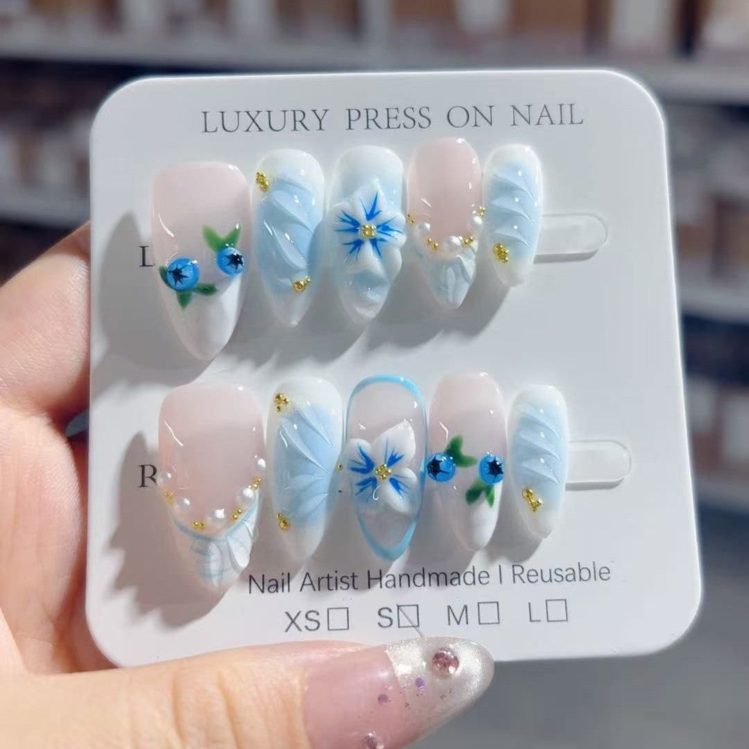 Blueberry Breeze: "Azure Berry Bloom" – Almond Press-On Nails – Image 2