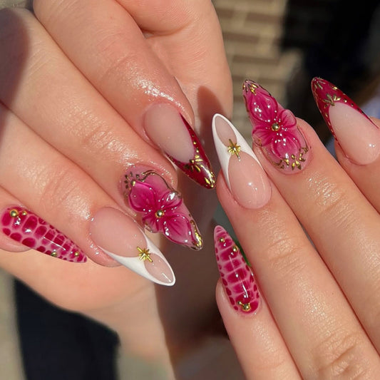 3d three-dimensional flower wearing nails, short almond smudged nails