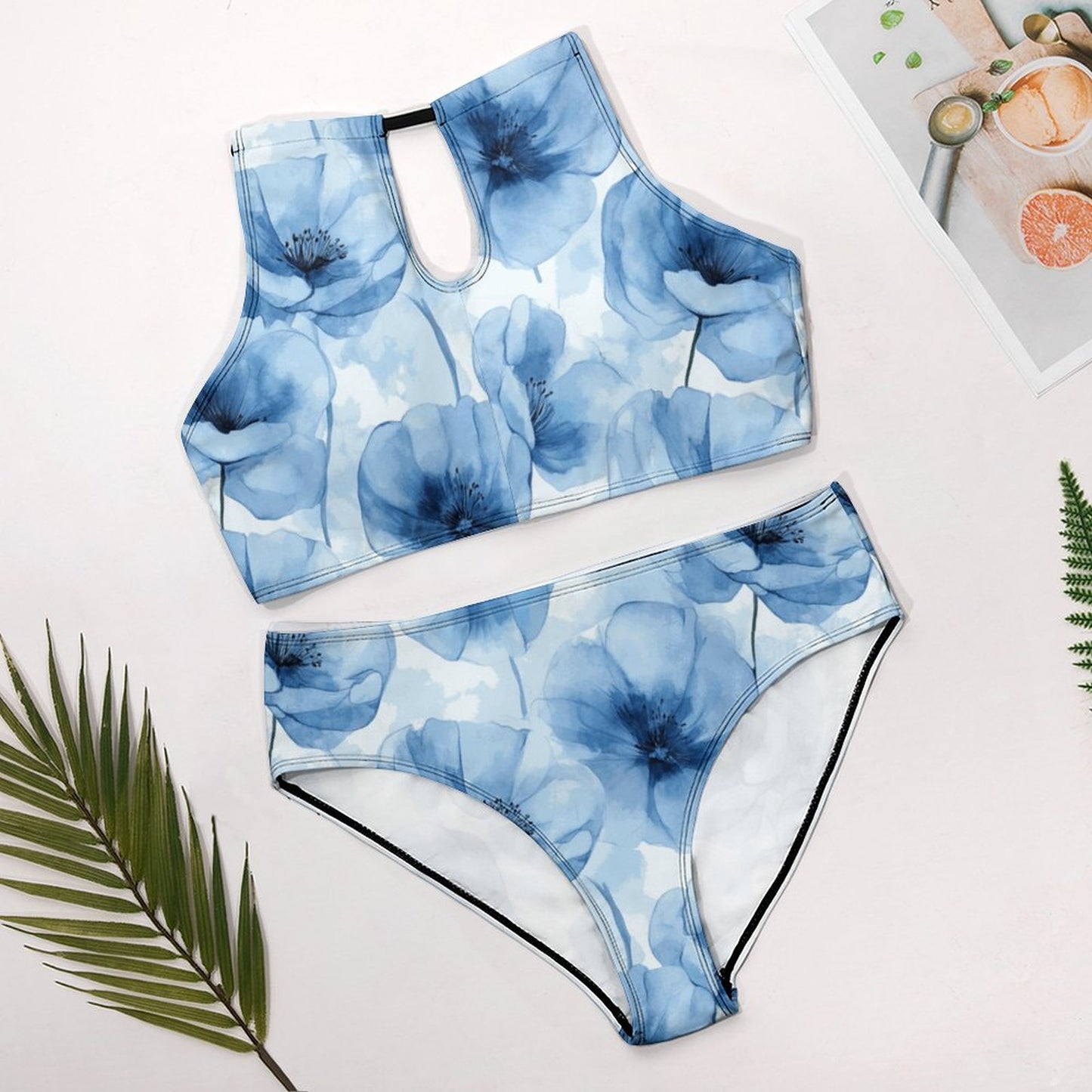 Women's Two piece Swimsuit with High Neck Halter Top Blue Floral