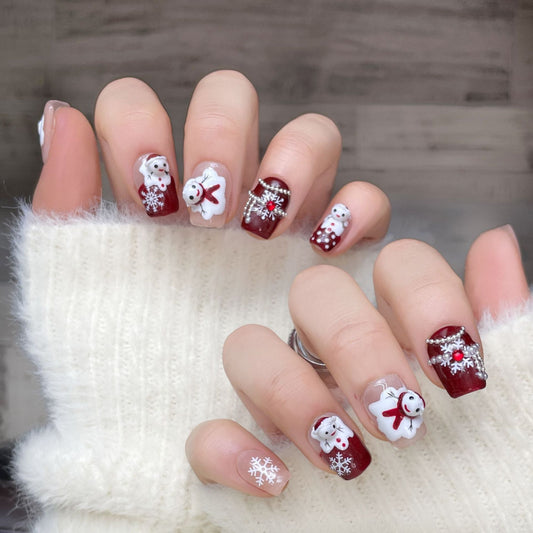 Red and Nude Christmas Press‑On Nails – 3D Snowman & Bear Cute Winter Design – Image 2