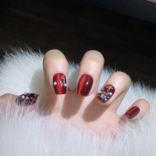 Wine Red Pearl Christmas Press‑On Nails – Snowflake & Ribbon Design – Image 2