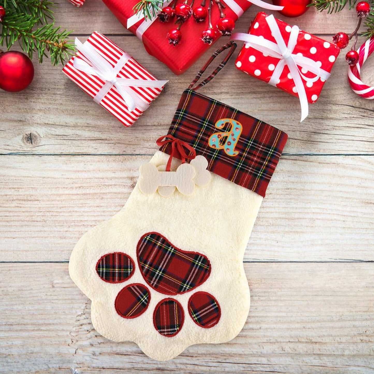 Pet Cat Dog Claw Christmas Stocking - Letter A