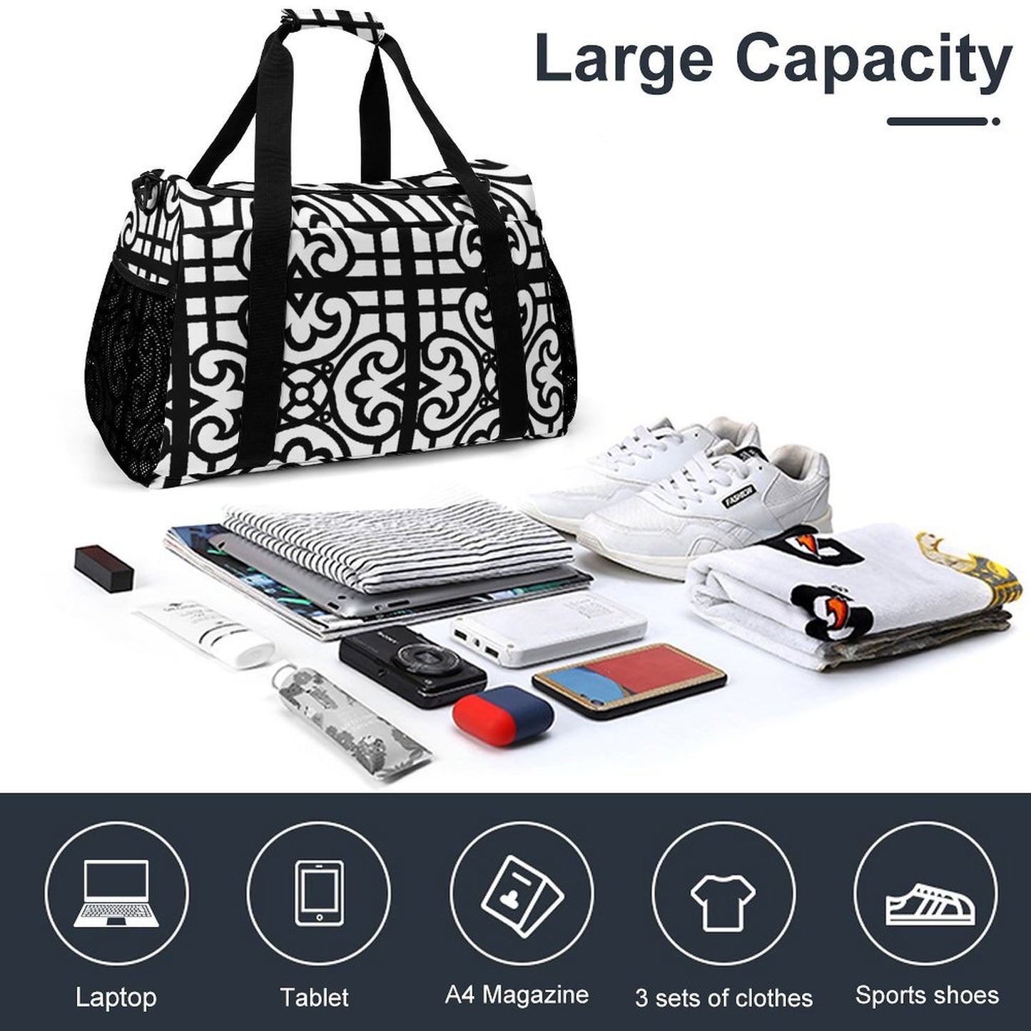 Travel Duffel Bag Black and White