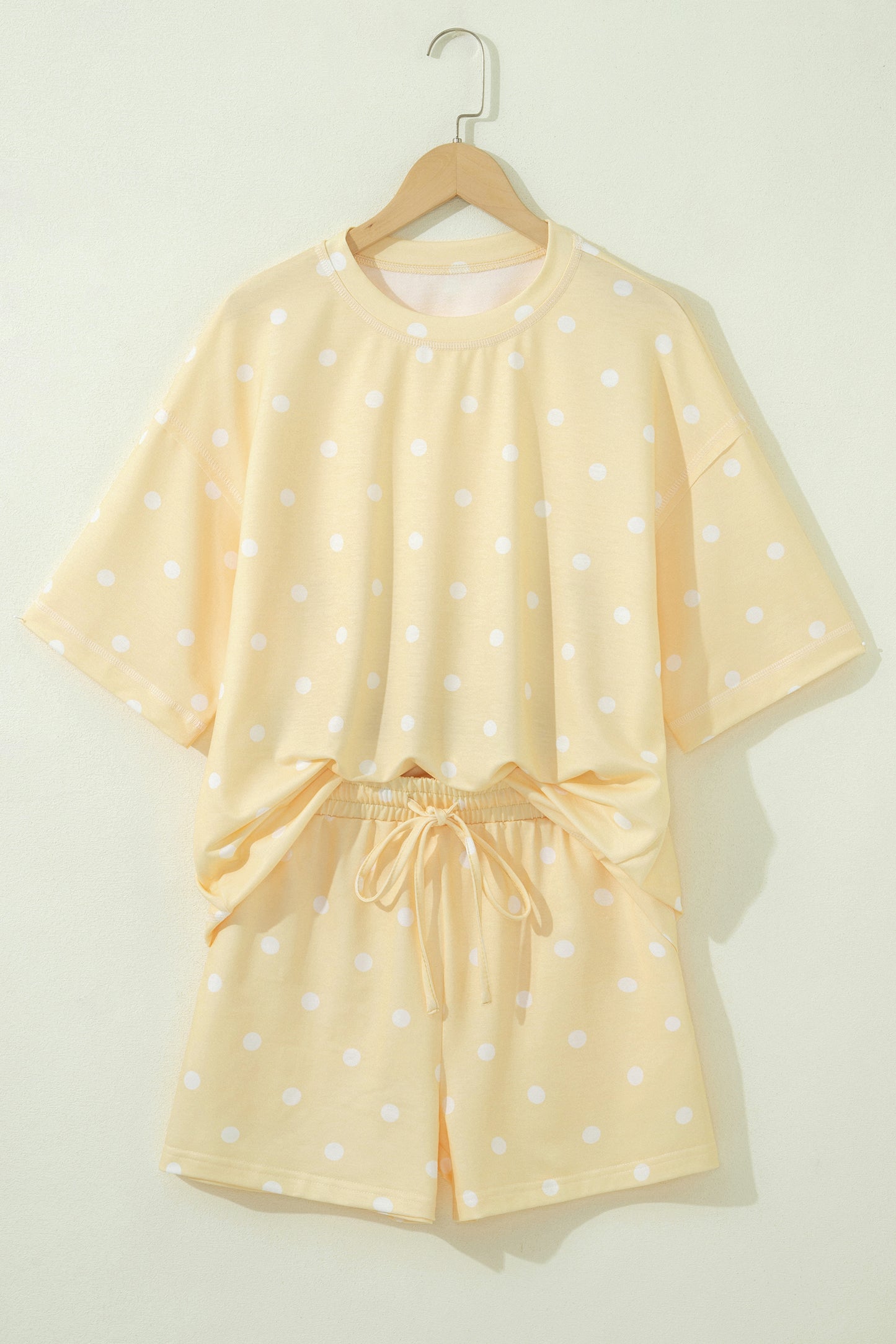 Yellow Exposed Seam Detail Polka Dot Loose Tee Drawstring Shorts Set