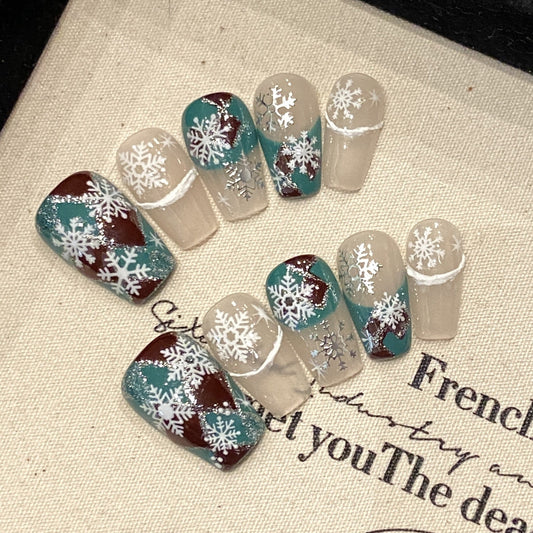 Blue and Red Snowflake Press‑On Nails – Winter Frost Short Design