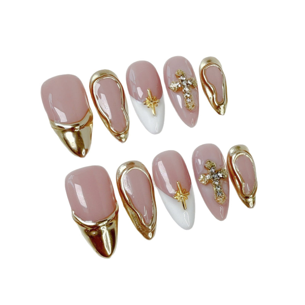 Elegant Gold Frame Blush Nails with Chic Cross Accents – Image 3